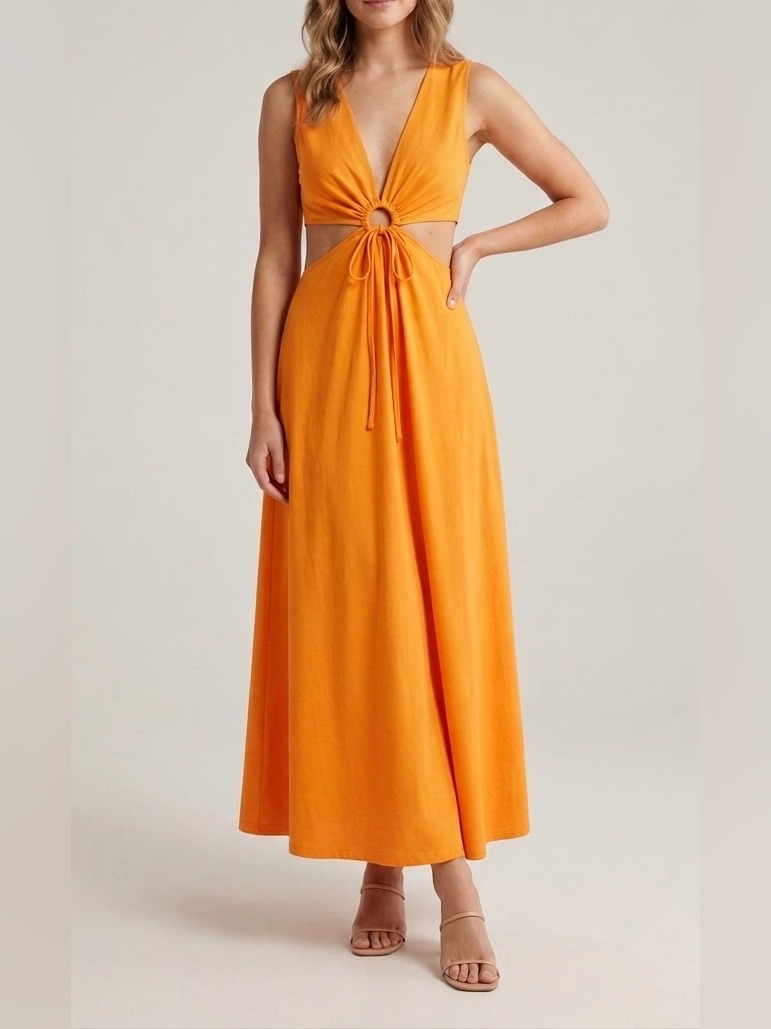 Zara Tangerine Orange Cut Out Tie Front Maxi Dress Boho Summer Nwt Size S